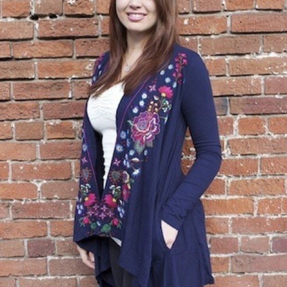 NWT Johnny Was  "Abigale" wrap jacket open cardi 100% Cotton navy waterf…